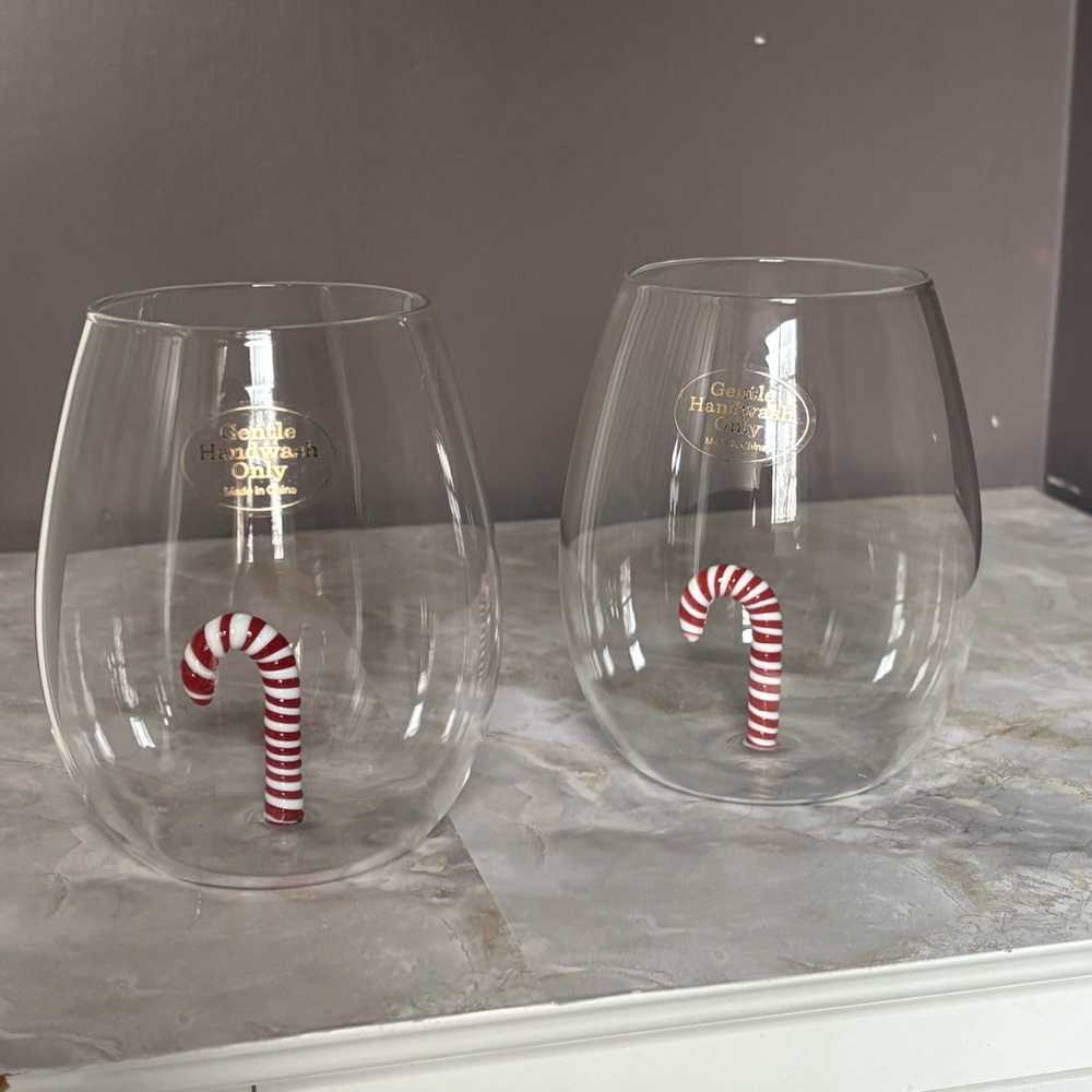 Set of Two Candy Cane Stemless Wine Glasses